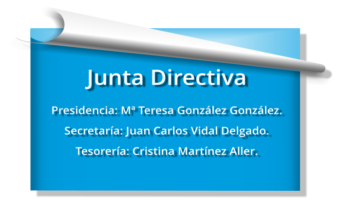 Junta Directiva Presidencia: Mª Teresa González González. Secretaría: Juan Carlos Vidal Delgado. Tesorería: Cristina Martínez Aller.